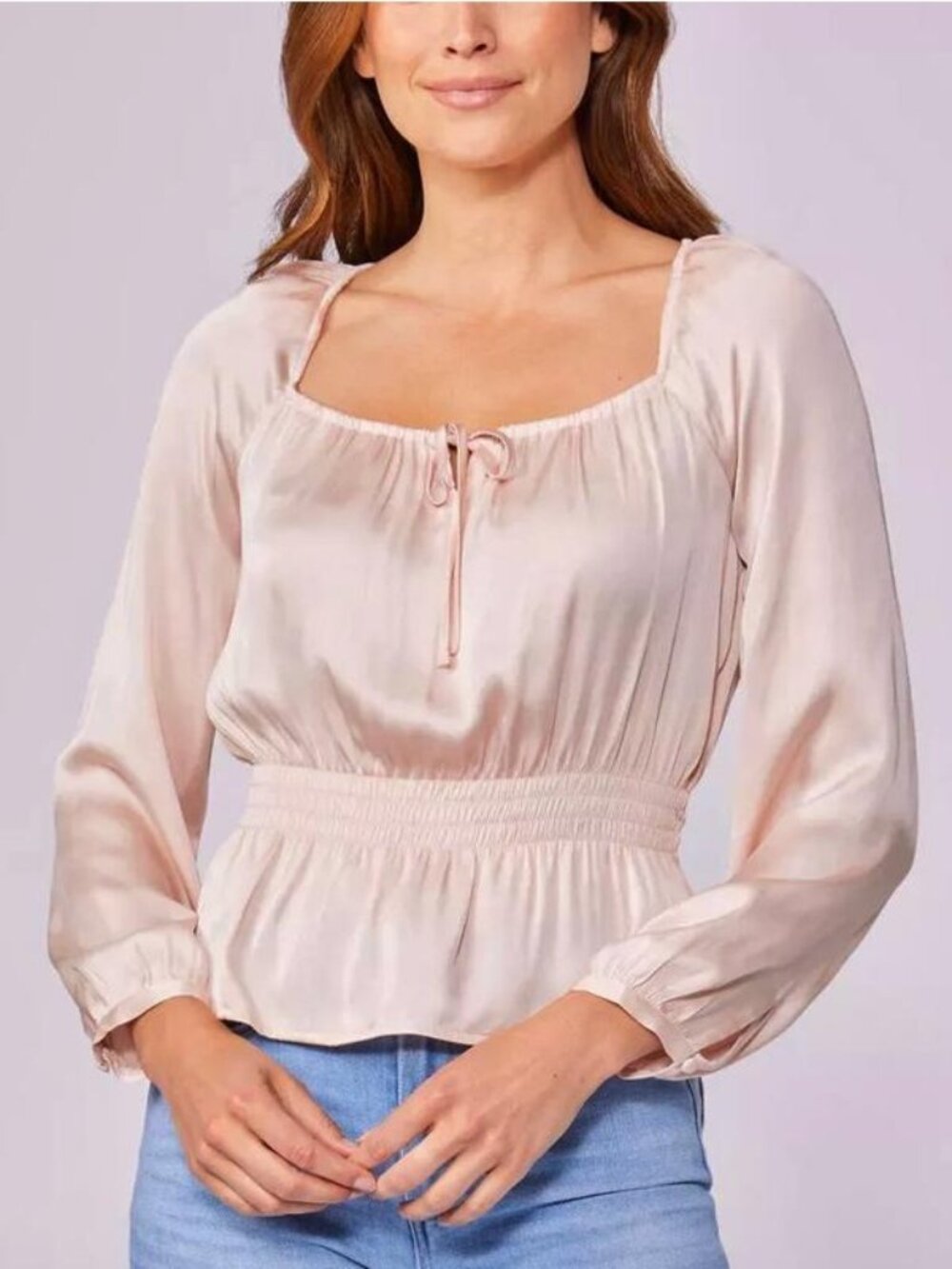 Paige Womens Odalynn Long Sleeve Satin Smocked Blouse Top Beige Size S NWT